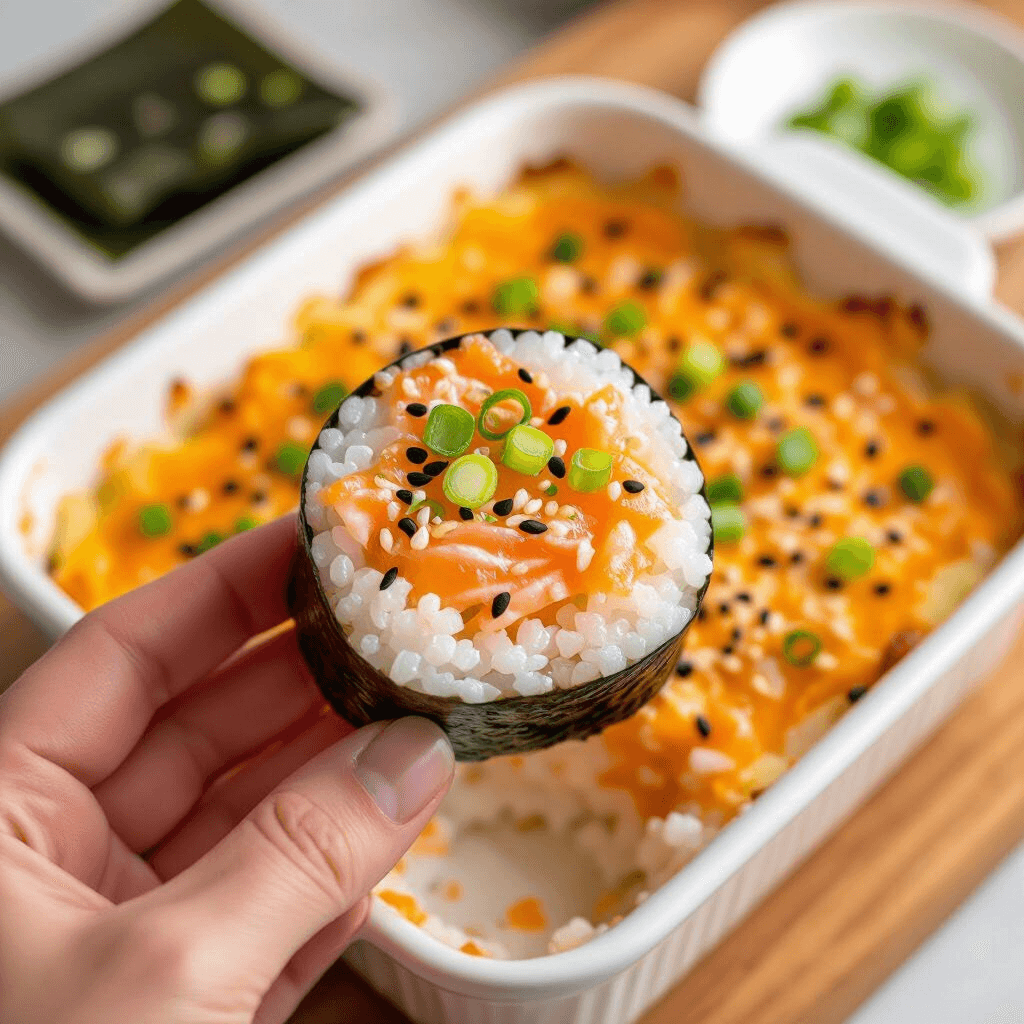 Salmon Sushi Bake Recipe: My Unbelievably Easy Method 2 A close-up of a finished Salmon Sushi Bake Recipe, showing creamy layers of fish and rice, ready to be served.
