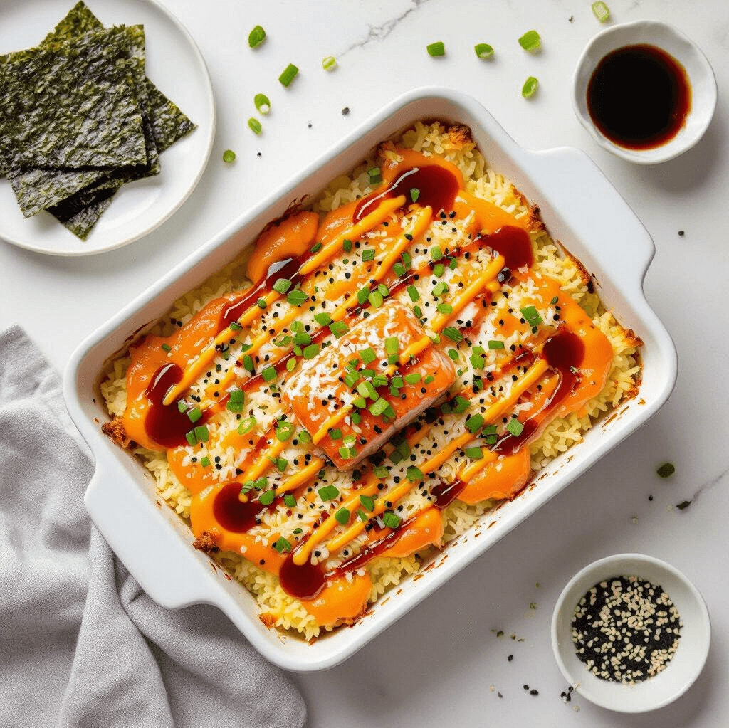 Salmon Sushi Bake Recipe: My Unbelievably Easy Method 3 A freshly baked salmon sushi bake recipe with a golden brown, bubbly top.