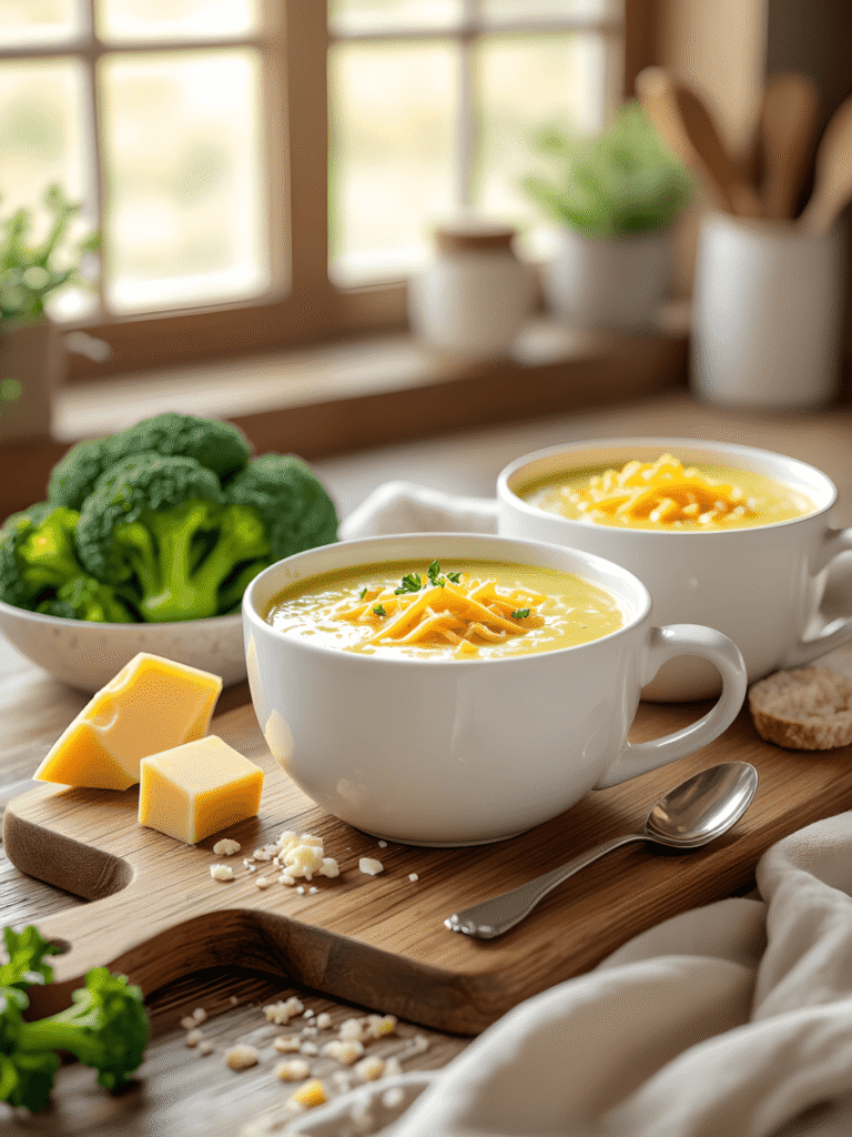 High Protein Broccoli Cheddar Soup: The Cozy Classic, Reimagined! 2 Fresh ingredients for High Protein Broccoli Cheddar Soup on rustic board