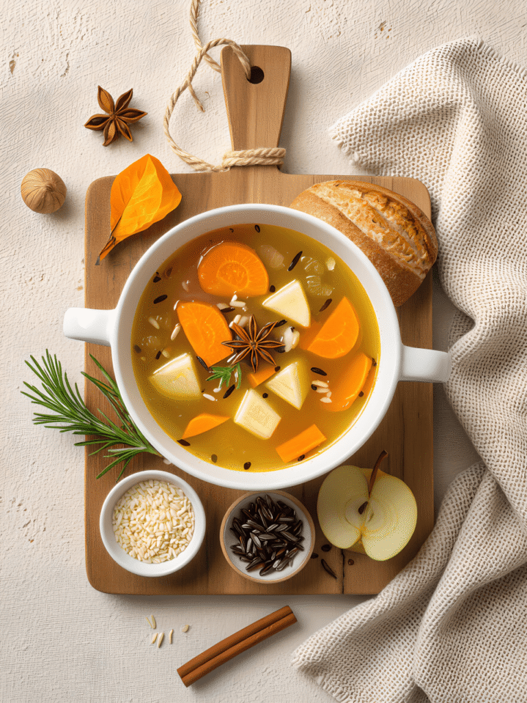 Cozy Autumn Wild Rice Soup: The Ultimate One-Pot Wonder 2 Fresh ingredients for Cozy Autumn Wild Rice Soup on rustic board