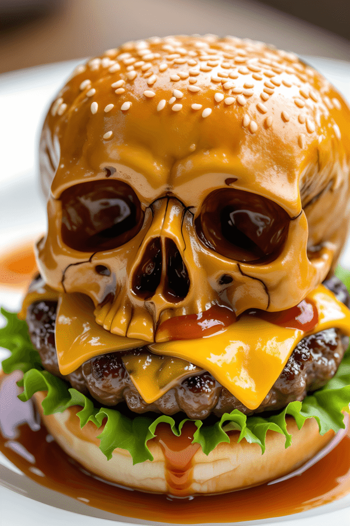 Cheeseburger Skulls: The Ultimate Spooky Halloween Dinner! 2 Fresh ingredients for Cheeseburger Skulls on rustic board