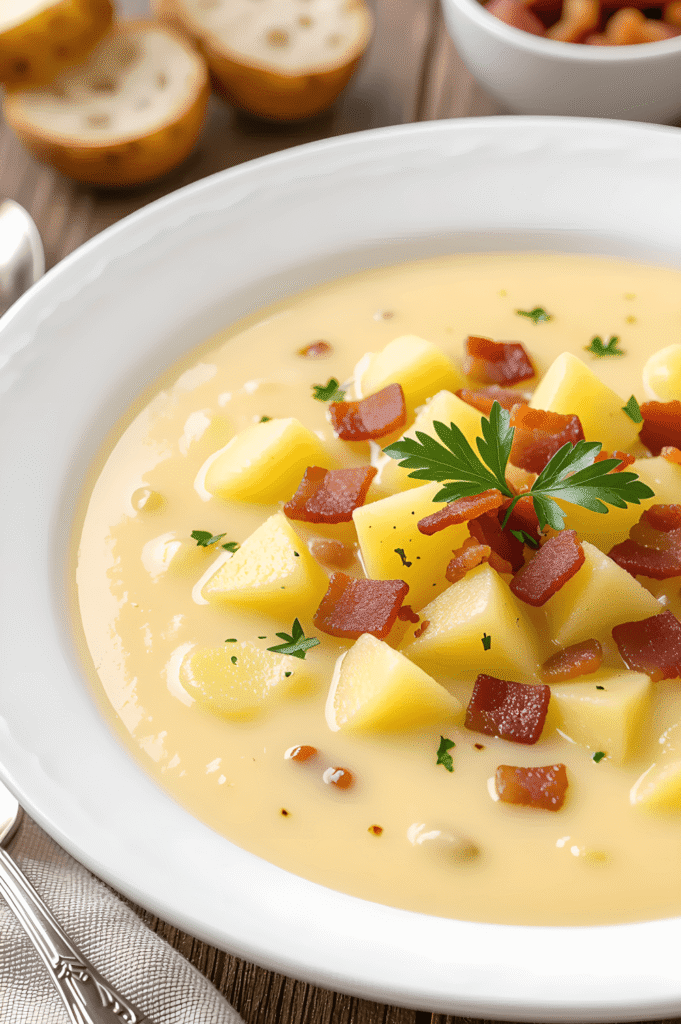 Easy Potato Soup Recipe with Bacon Bits in the Slow Cooker 2 Fresh ingredients for Slow Cooker Potato Soup with Bacon on rustic board