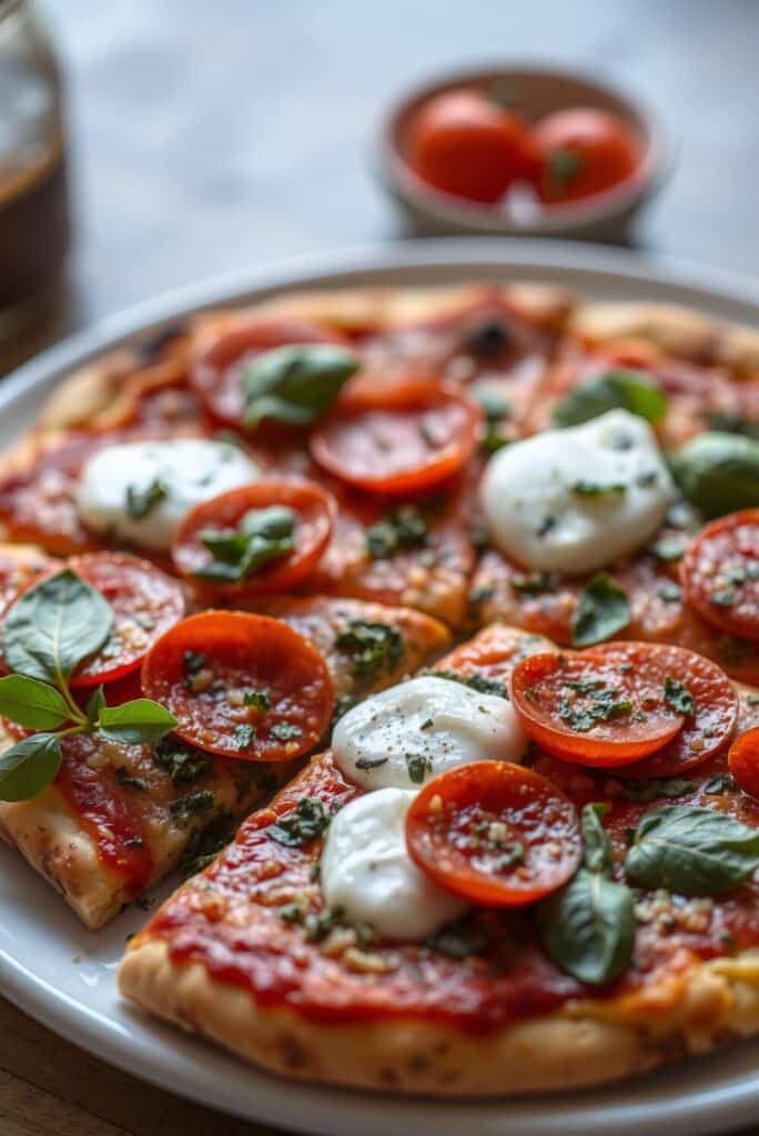 Pepperoni and Burrata Pizza with Pesto