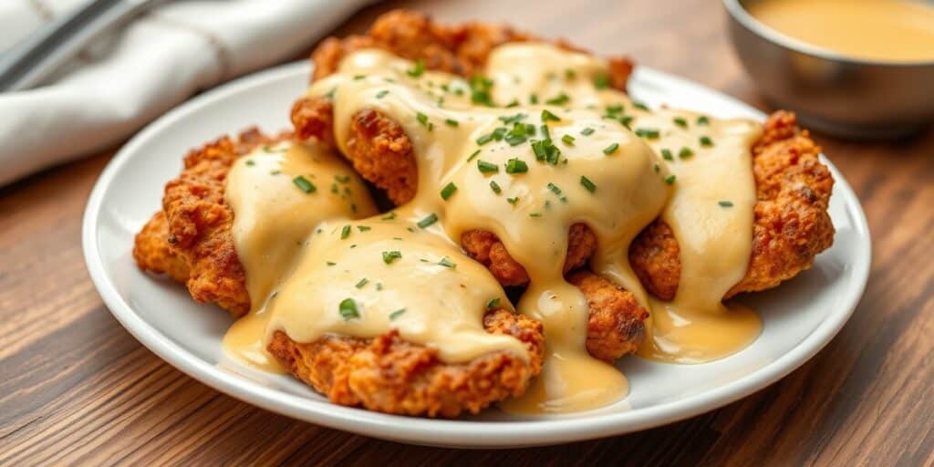 Pretzel Chicken with Creamy Mustard-Cheddar Sauce