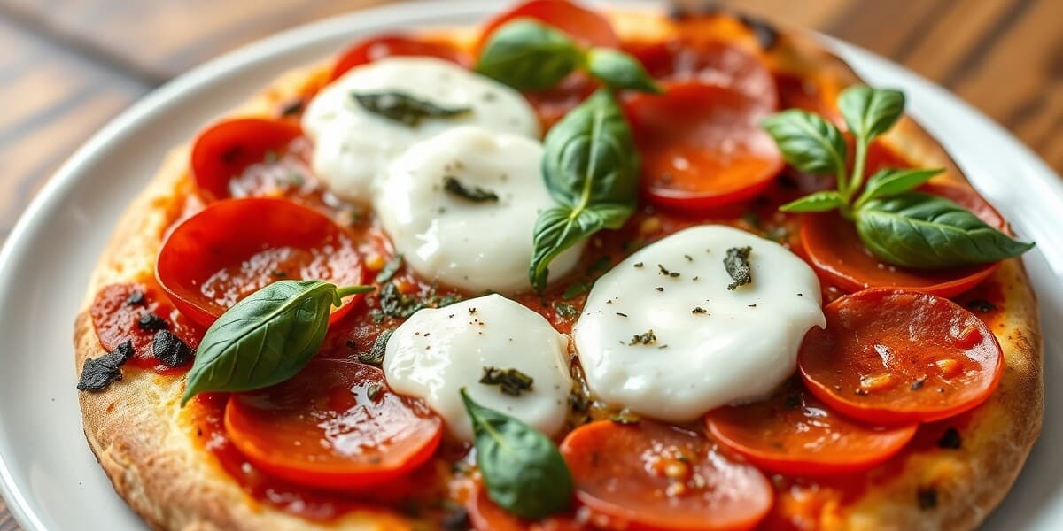 Pepperoni and Burrata Pizza with Pesto